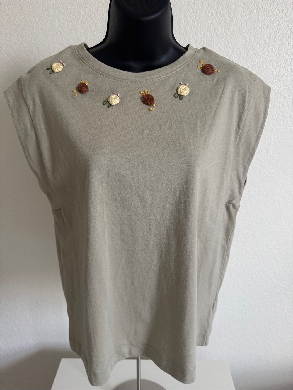 Boho Handmade Floral Embroidered Sleeveless Tee Sage Green